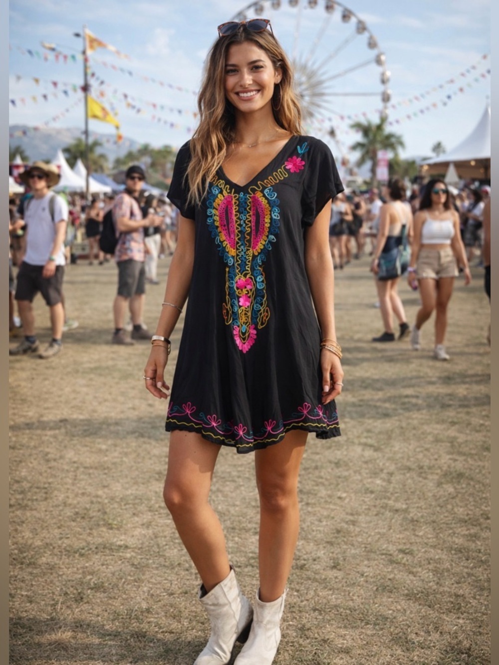 Exist NWT Black Embroidered Boho Dress with Bright Floral Accents with Free Size